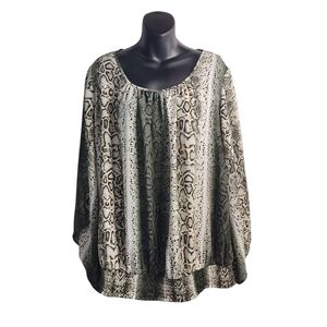 AGB Blouse Womens Multicolor Snake Skin Print 3/4 Split Sleeve Elastic Hem Sz 2X